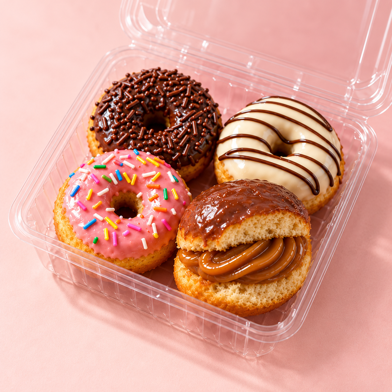 Imagem ilustrativa de uma caixinha com quatro mini donuts de coberturas variadas